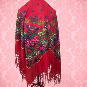 🌺 TRADITIONAL UKRAINIAN FOLK SHAWL - RED FLORAL 🌺